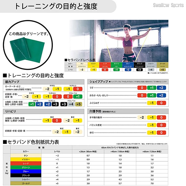 野球 D＆M THERABAND セラバンド ブリスターパック 2m 強度レベル+1 グリーン エクササイズ チューブ TBB3 野球用品 スワロースポーツ