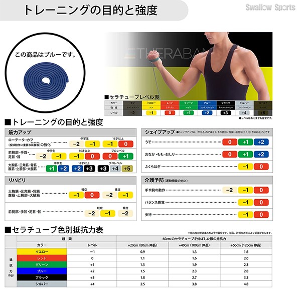 野球 D＆M THERABAND セラバンド セラチューブ ブリスターパック 3m 強度レベル+2 ブルー エクササイズ チューブ TTB14 野球用品 スワロースポーツ